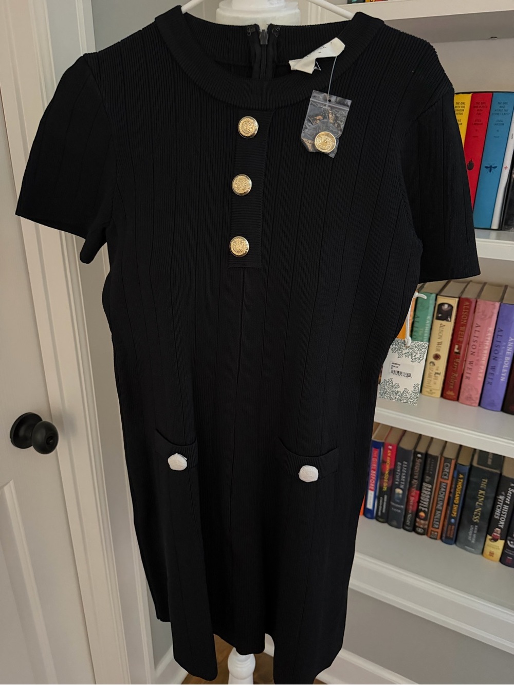 Black Ribbed Short-Sleeve Mini Dress with Gold Buttons
